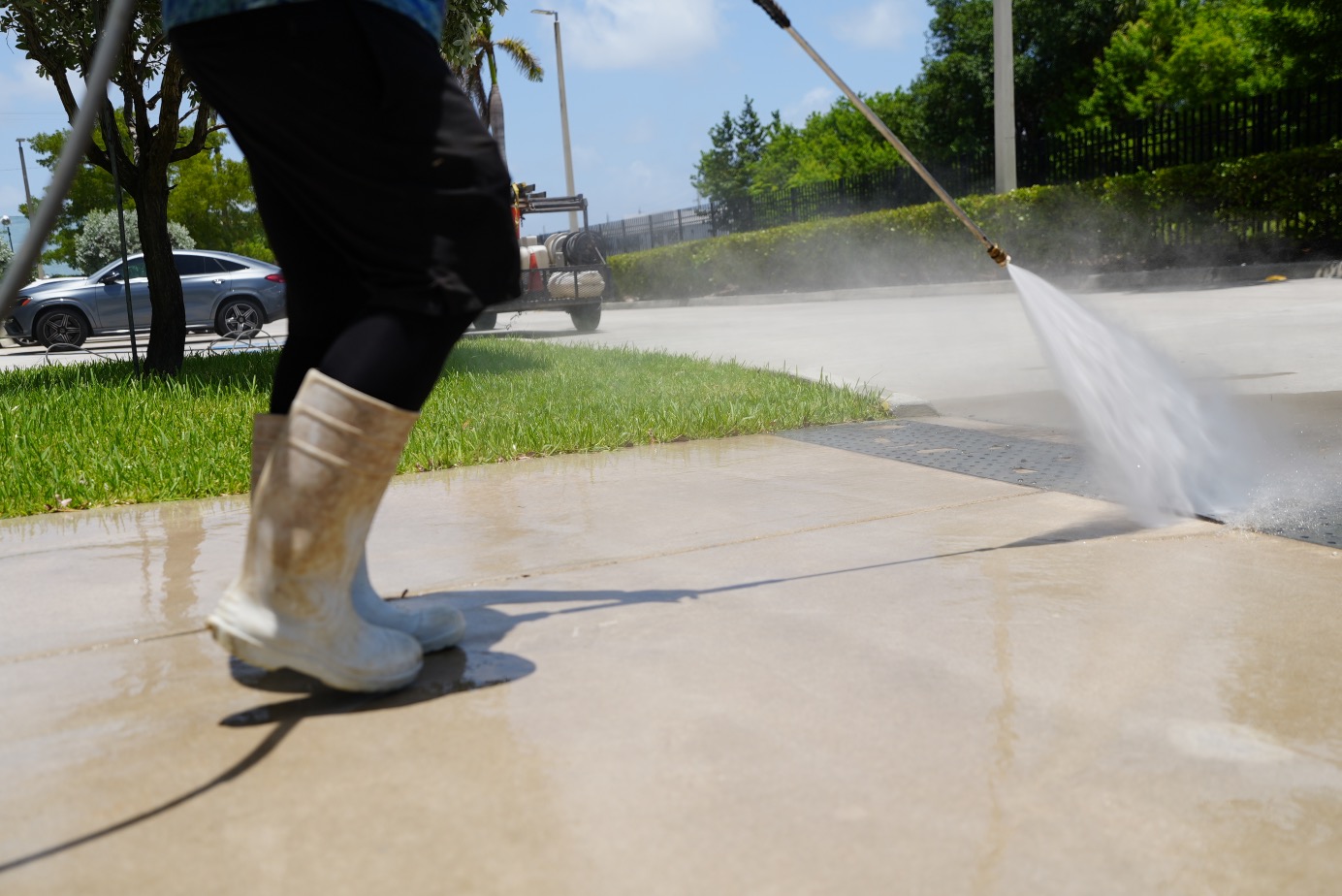 Pressure wand cleaning commercial concrete sidewalk in Hialeah FL