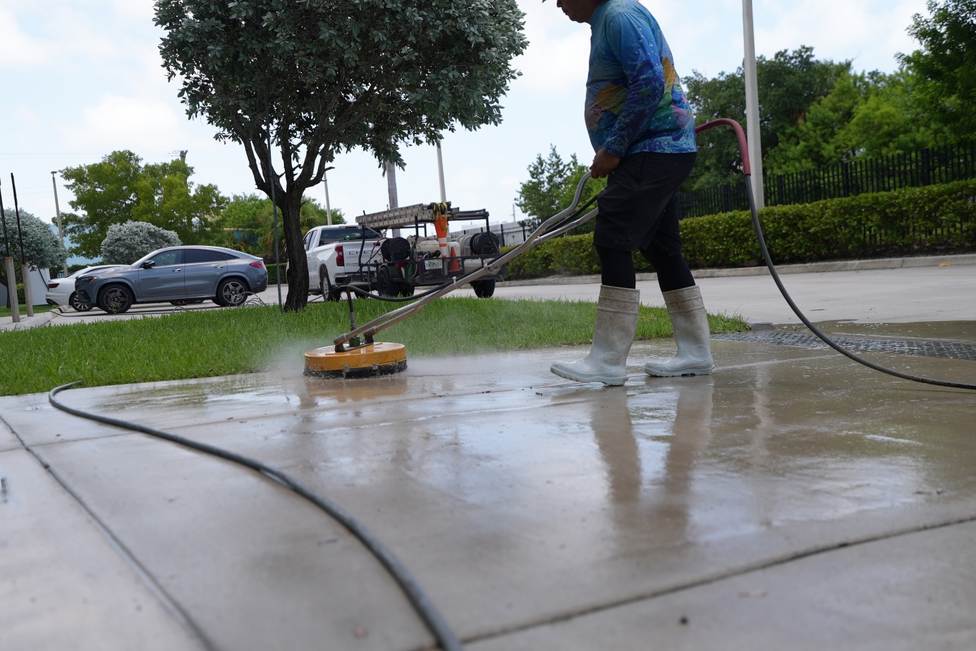 Stained commercial sidewalk before pressure cleaning in Hialeah FL